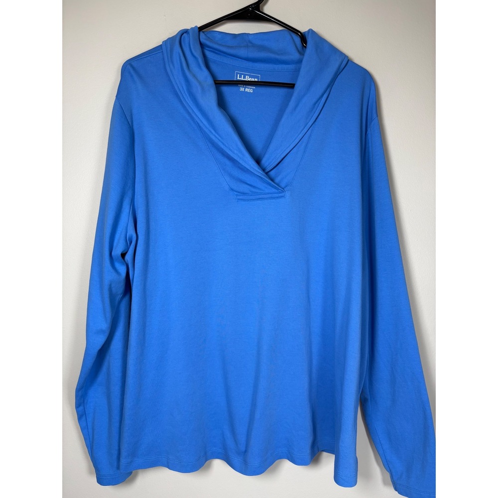 LL Bean Women 3X Blue Shawl Collar Long Sleeve Cotton Pullover Top 298333 Preppy